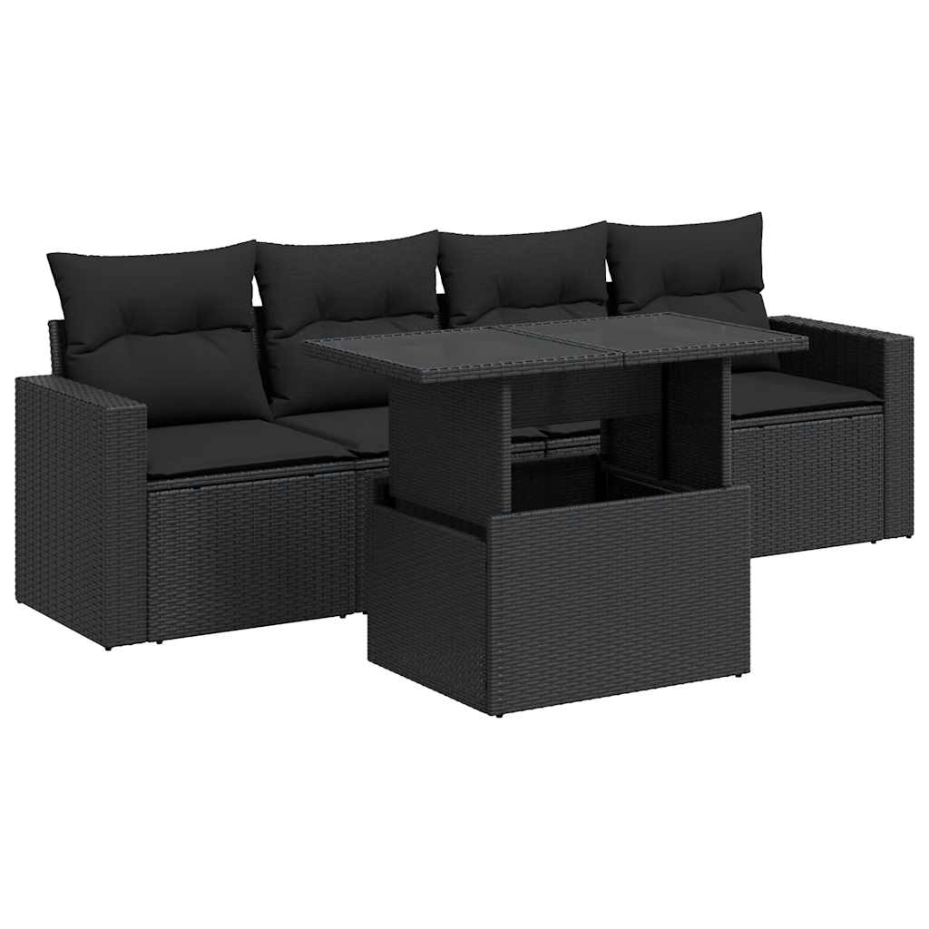 5-delige Loungeset met kussens poly rattan zwart