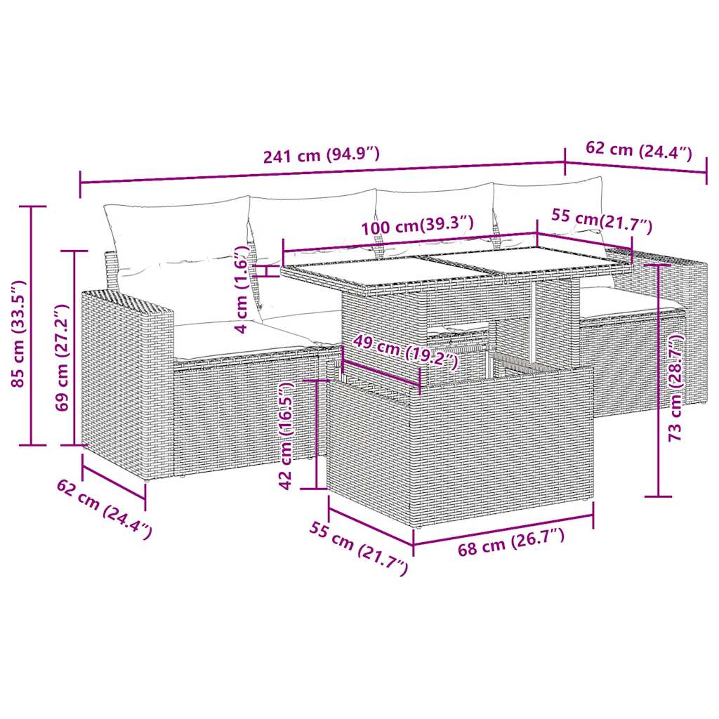 5-delige Loungeset met kussens poly rattan zwart