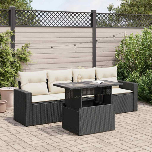 5-delige Loungeset met kussens poly rattan zwart