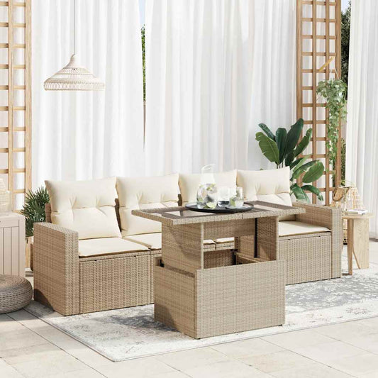 5-delige Loungeset met kussens poly rattan beige