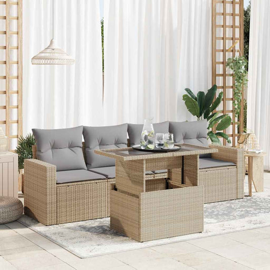 5-delige Loungeset met kussens poly rattan beige