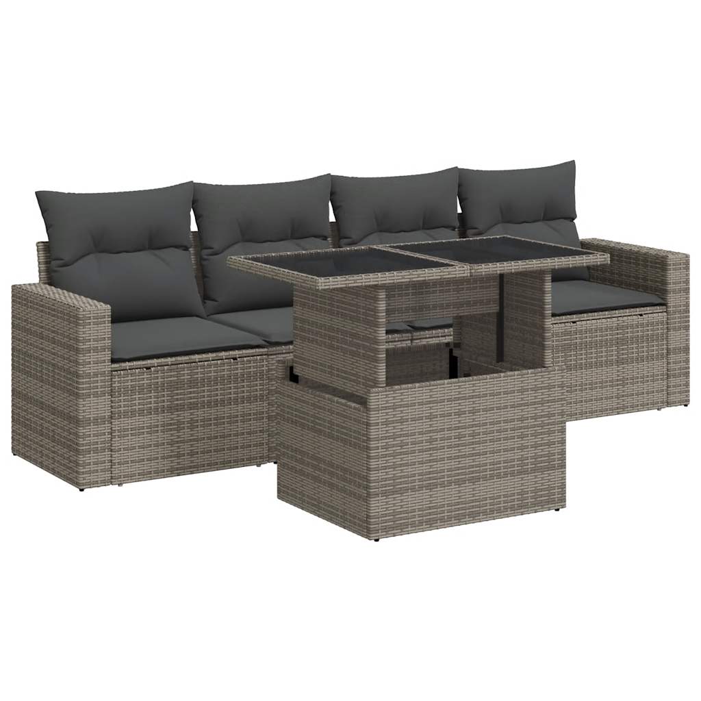 5-delige Loungeset met kussens poly rattan grijs