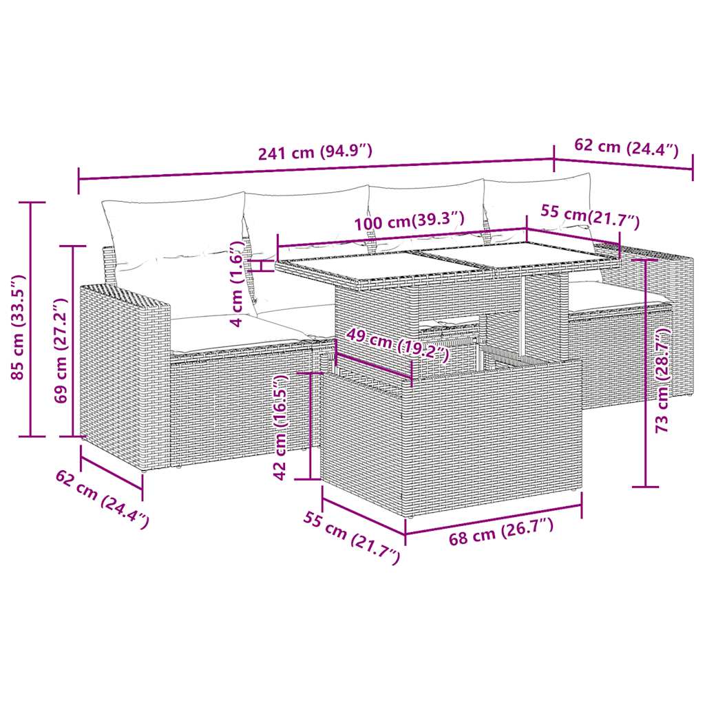 5-delige Loungeset met kussens poly rattan grijs