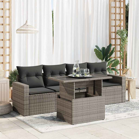 5-delige Loungeset met kussens poly rattan grijs