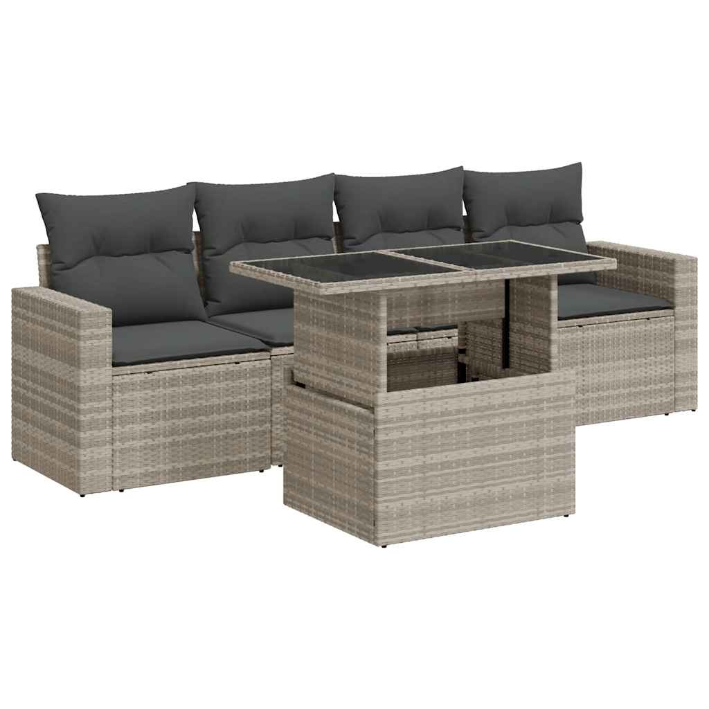 5-delige Loungeset met kussens poly rattan lichtgrijs