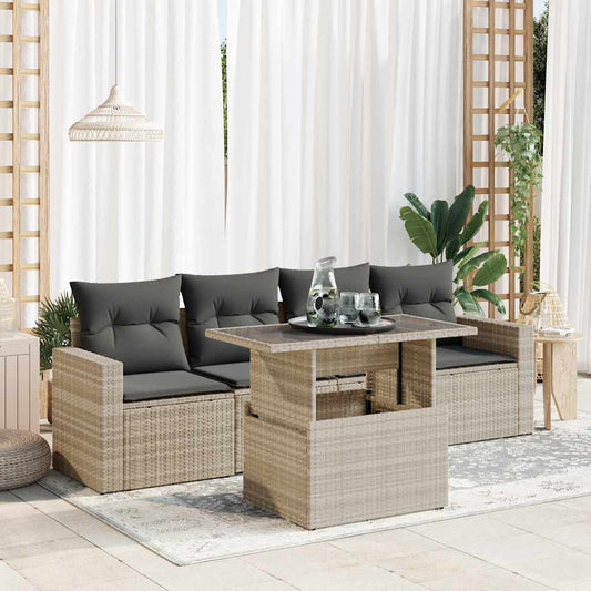 5-delige Loungeset met kussens poly rattan lichtgrijs