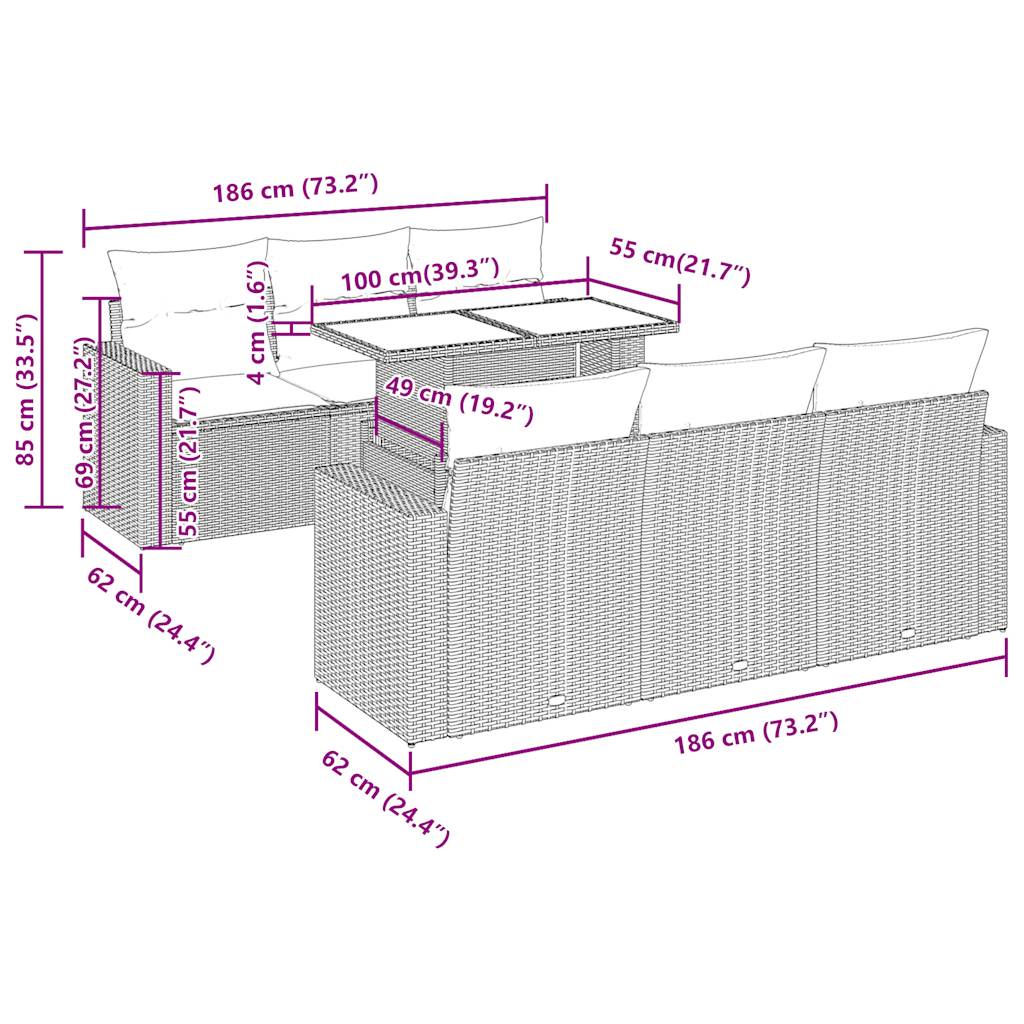 7-delige Loungeset met kussens poly rattan zwart