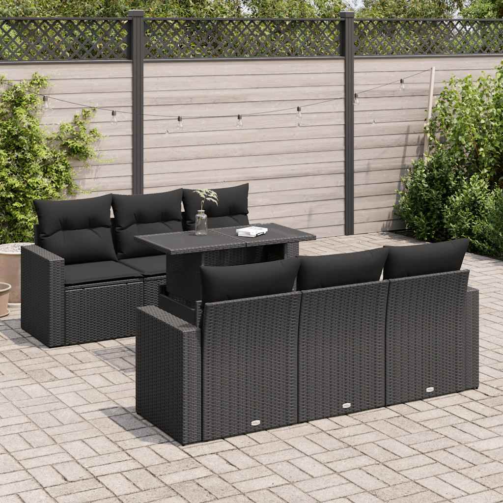 7-delige Loungeset met kussens poly rattan zwart