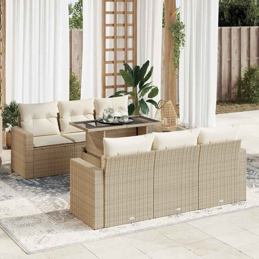 7-delige Loungeset met kussens poly rattan beige