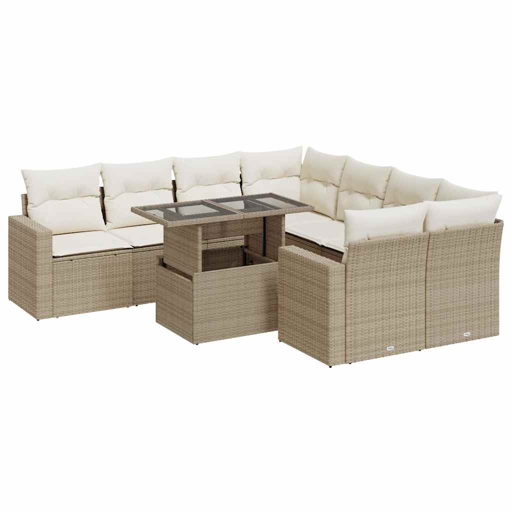 9-delige Loungeset met kussens poly rattan beige