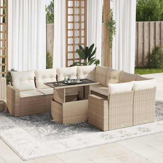 9-delige Loungeset met kussens poly rattan beige