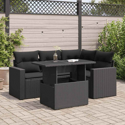 5-delige Loungeset met kussens poly rattan zwart