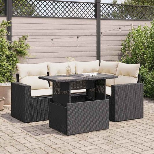 5-delige Loungeset met kussens poly rattan zwart