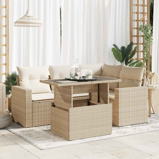 5-delige Loungeset met kussens poly rattan beige