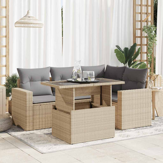 5-delige Loungeset met kussens poly rattan beige