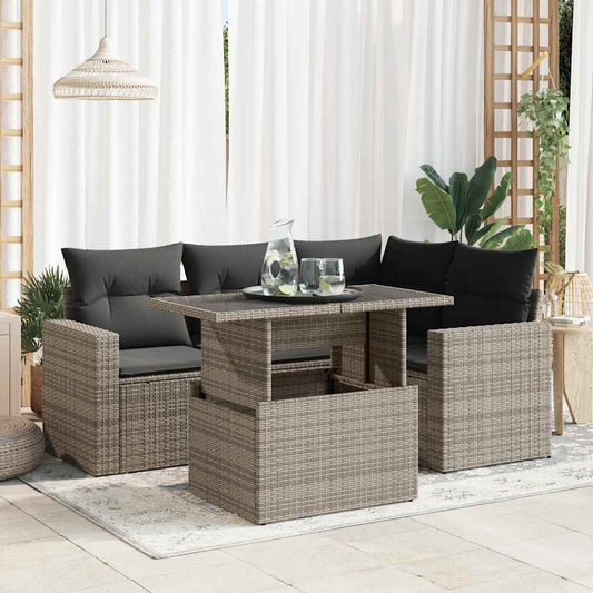 5-delige Loungeset met kussens poly rattan grijs