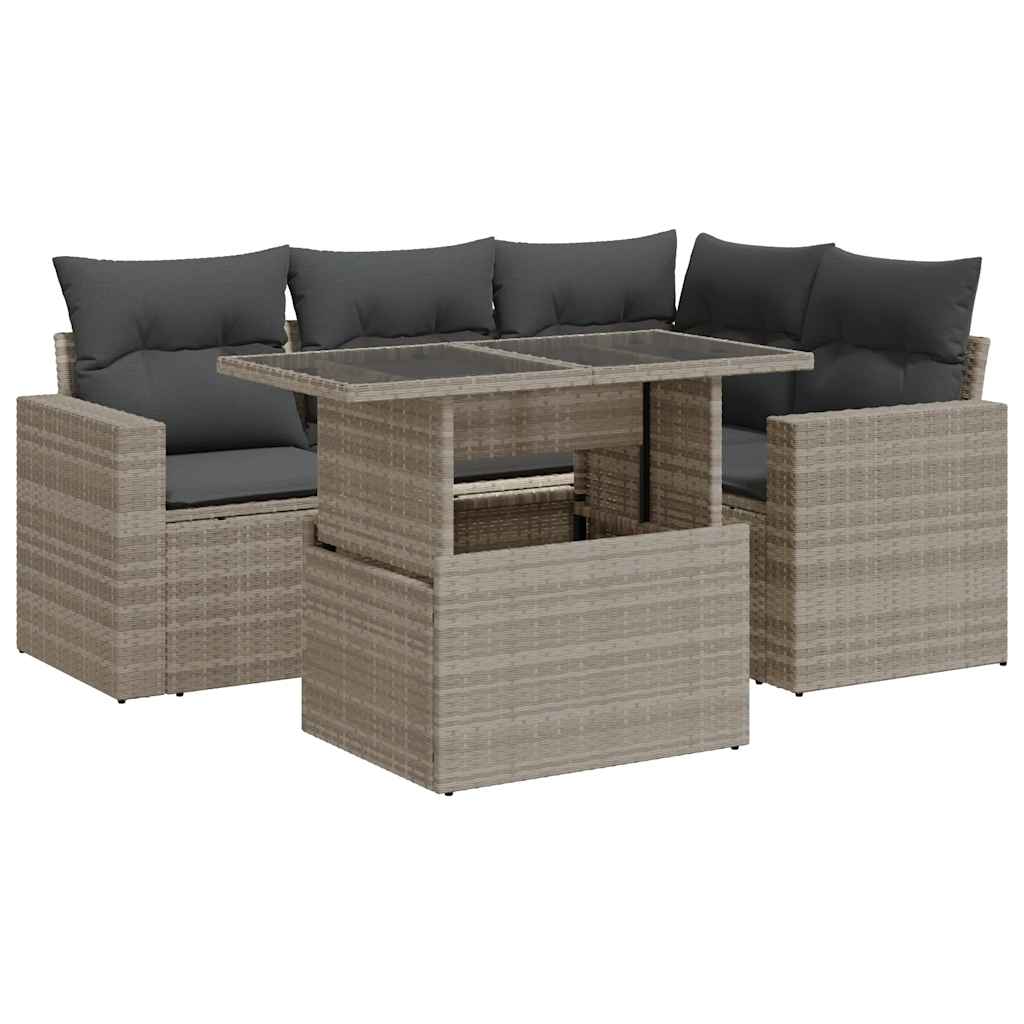 5-delige Loungeset met kussens poly rattan lichtgrijs