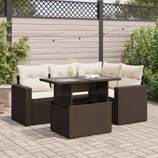 5-delige Loungeset met kussens poly rattan bruin