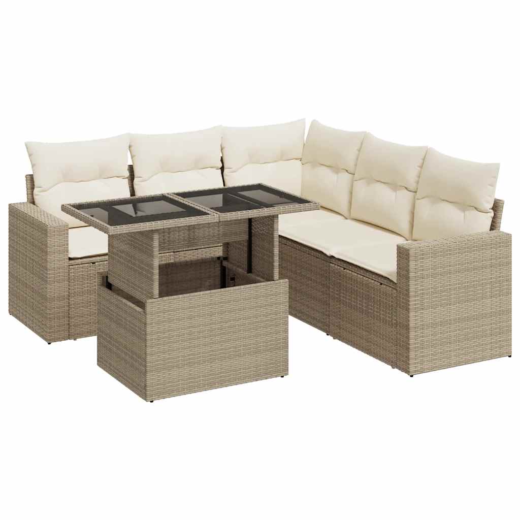 6-delige Loungeset met kussens poly rattan beige