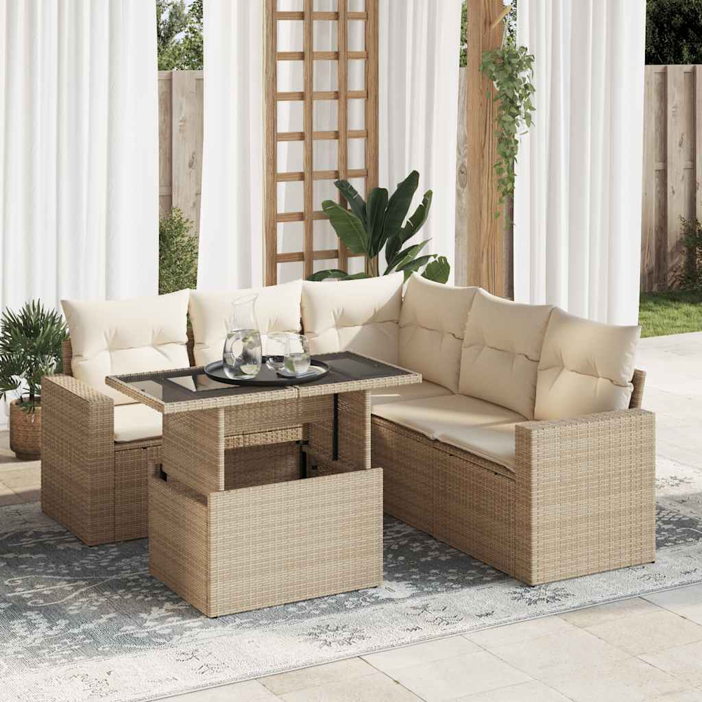 6-delige Loungeset met kussens poly rattan beige