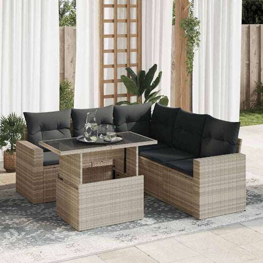 6-delige Loungeset met kussens poly rattan lichtgrijs