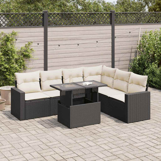 7-delige Loungeset met kussens poly rattan zwart