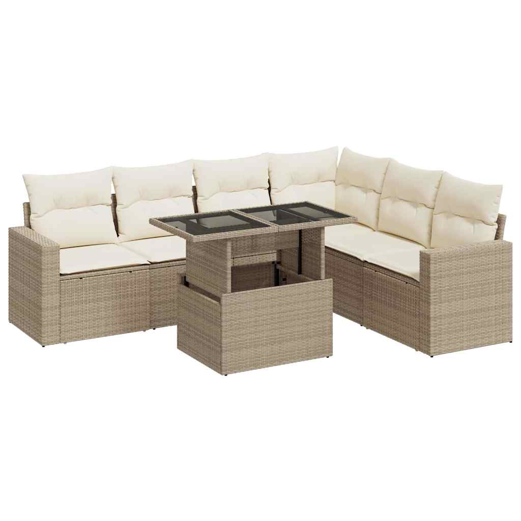 7-delige Loungeset met kussens poly rattan beige