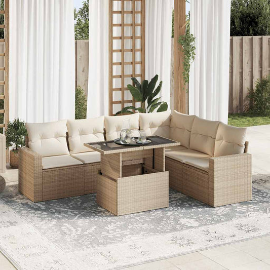 7-delige Loungeset met kussens poly rattan beige