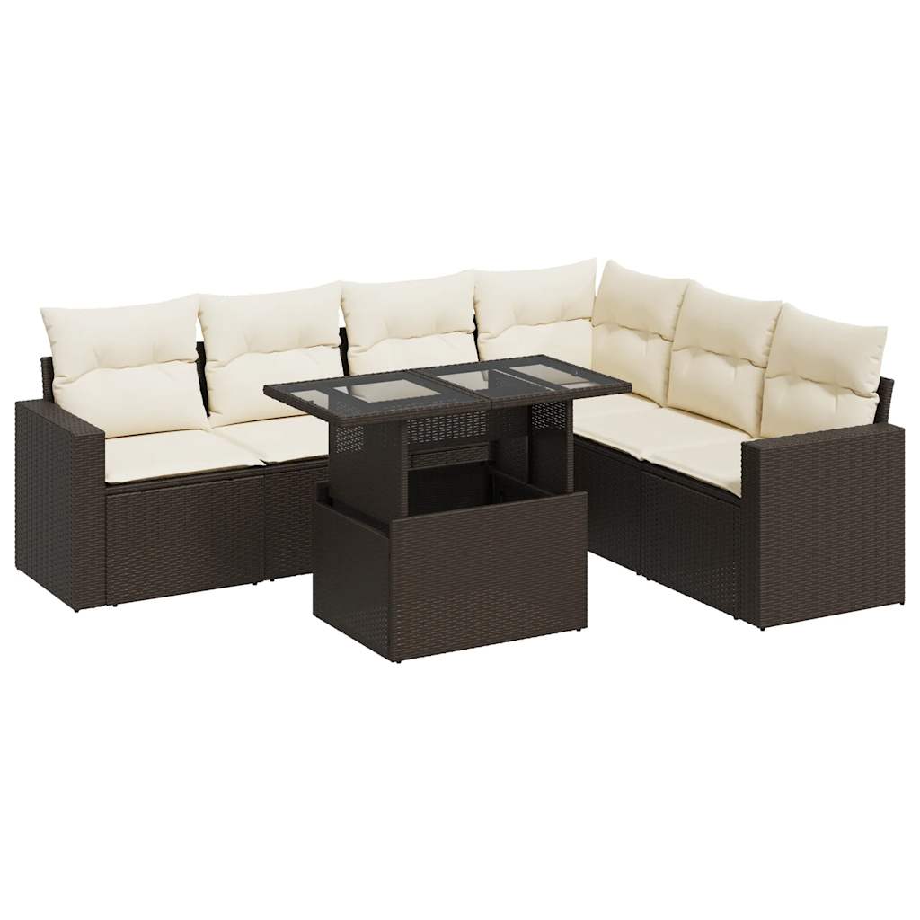 7-delige Loungeset met kussens poly rattan bruin