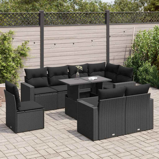 9-delige Loungeset met kussens poly rattan zwart