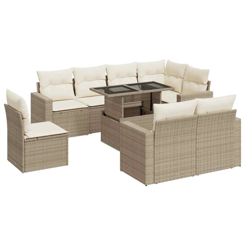 9-delige Loungeset met kussens poly rattan beige