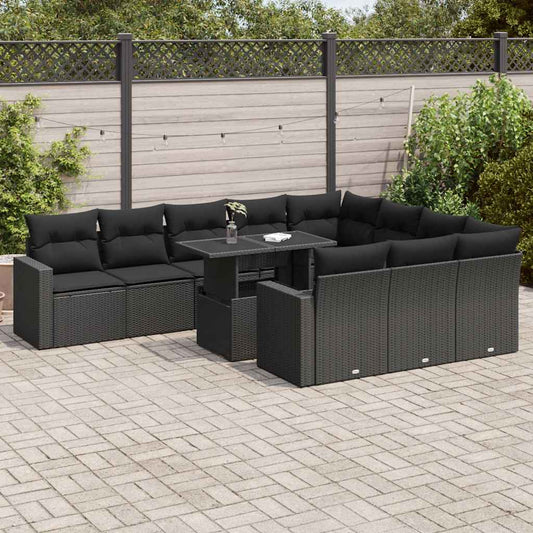 11-delige Loungeset met kussens poly rattan zwart