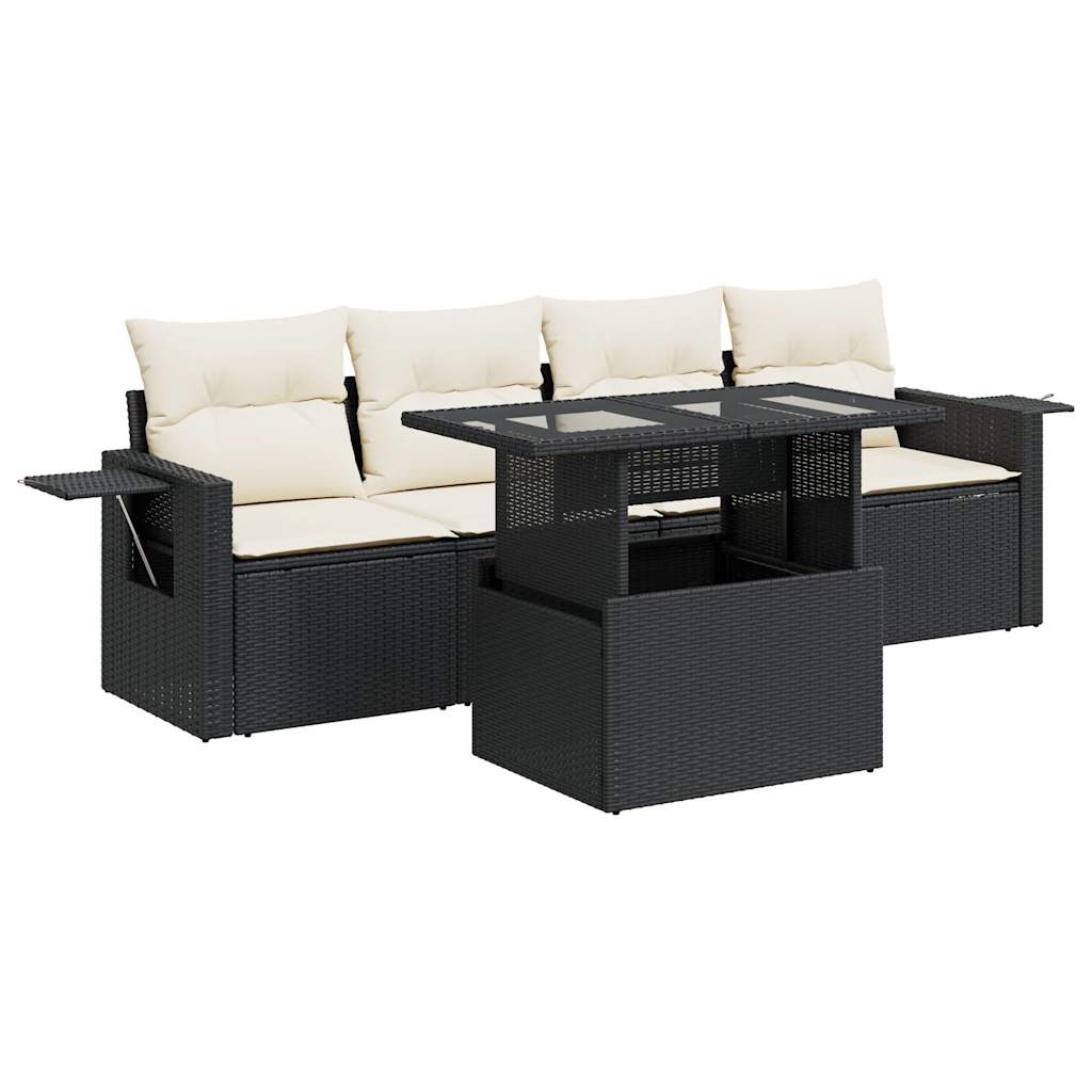 5-delige Loungeset met kussens poly rattan zwart