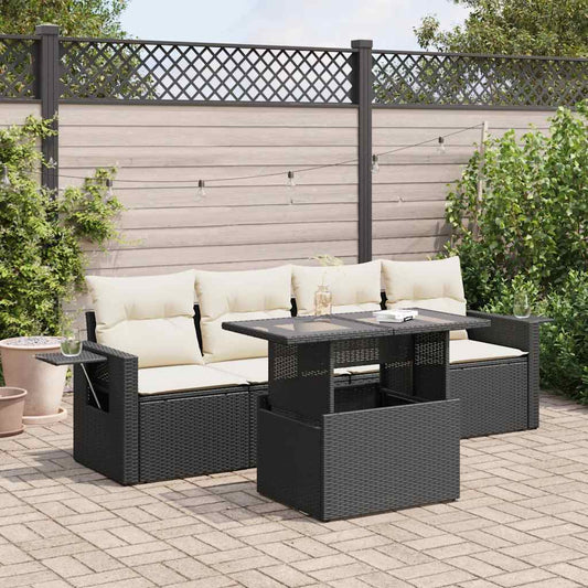 5-delige Loungeset met kussens poly rattan zwart