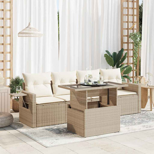 5-delige Loungeset met kussens poly rattan beige