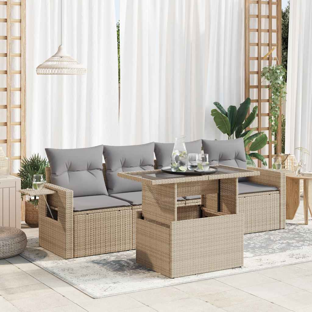 5-delige Loungeset met kussens poly rattan beige