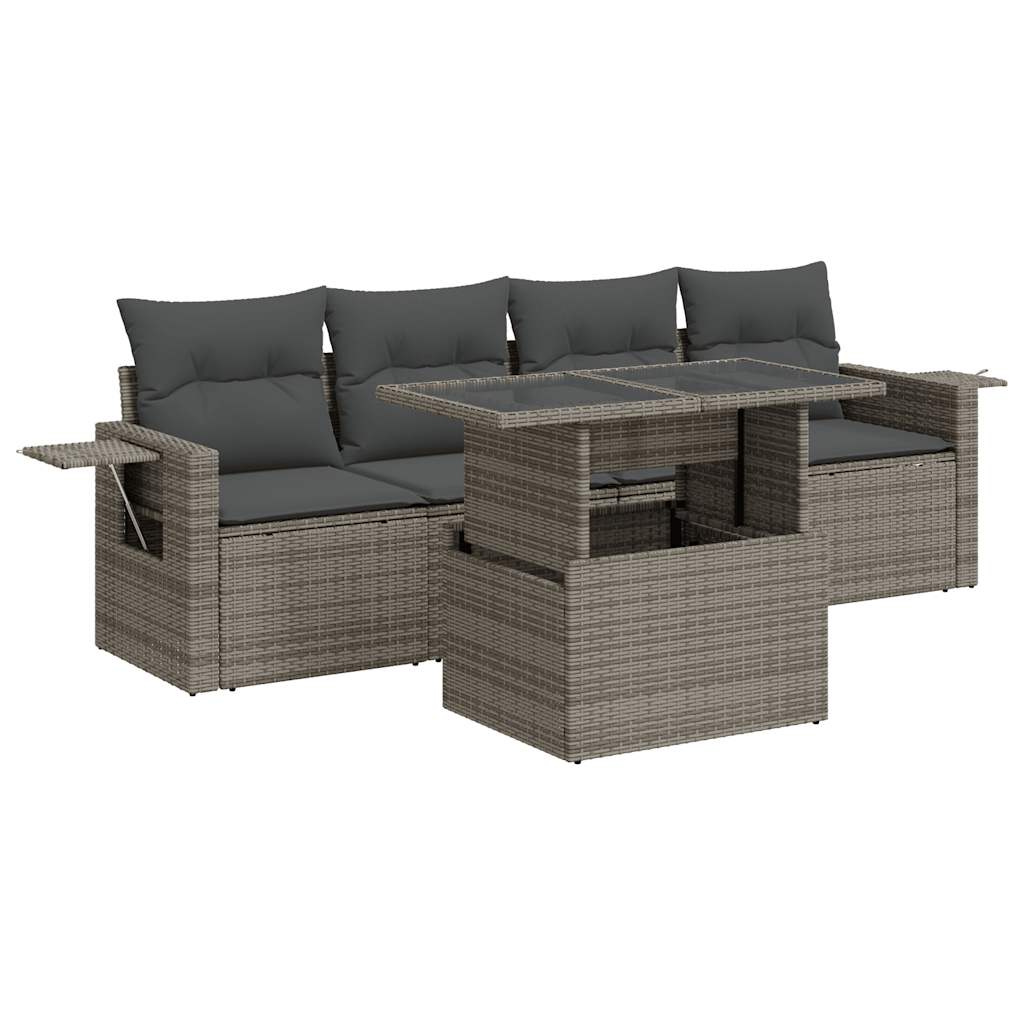 5-delige Loungeset met kussens poly rattan grijs