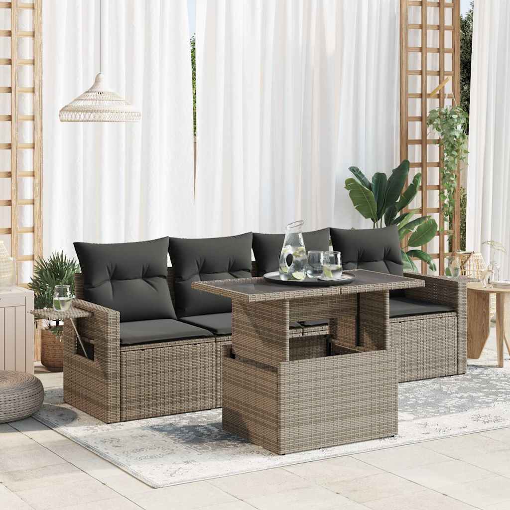 5-delige Loungeset met kussens poly rattan grijs