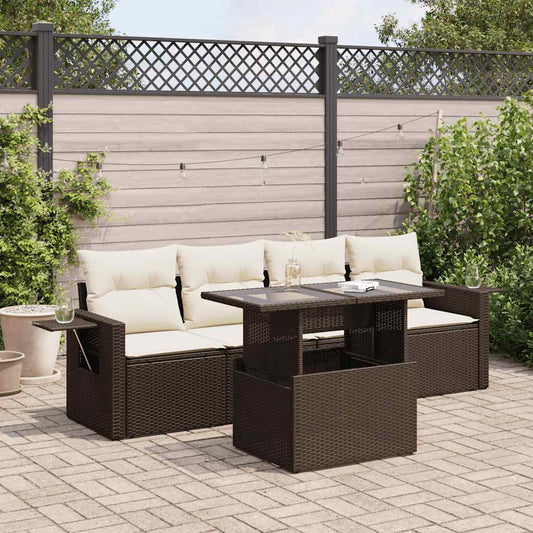 5-delige Loungeset met kussens poly rattan bruin