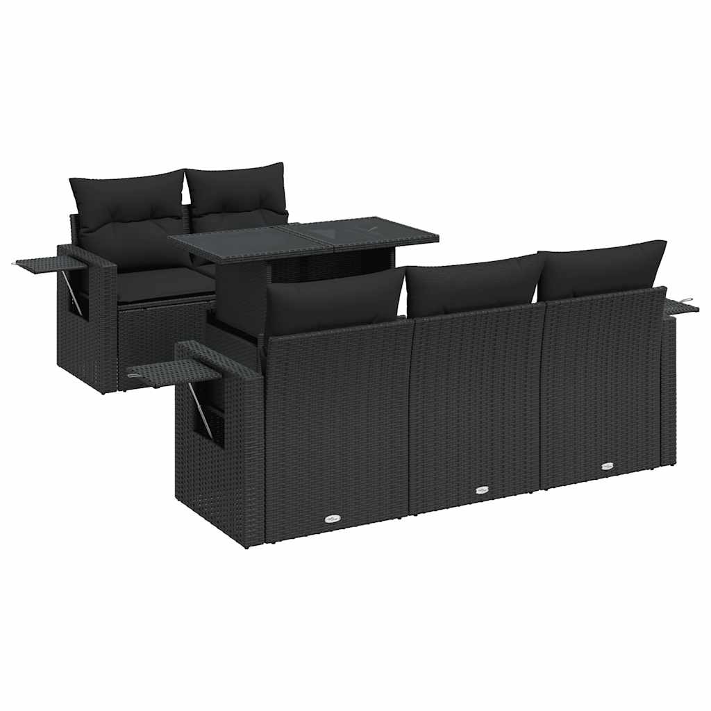 6-delige Loungeset met kussens poly rattan zwart