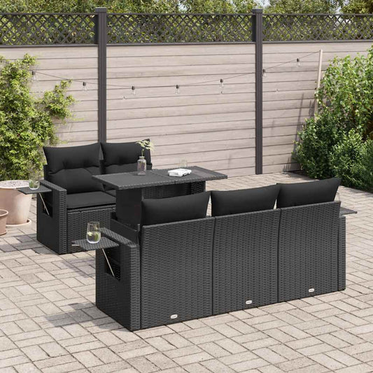 6-delige Loungeset met kussens poly rattan zwart