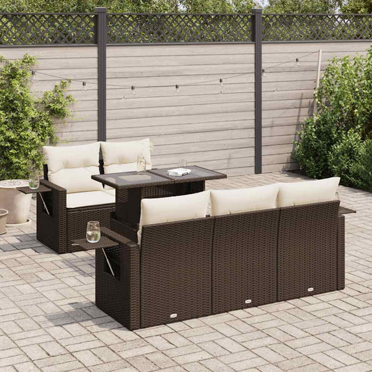 6-delige Loungeset met kussens poly rattan bruin