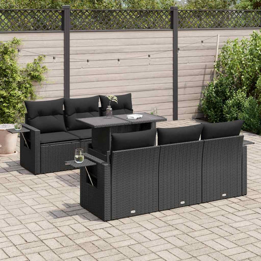 7-delige Loungeset met kussens poly rattan zwart