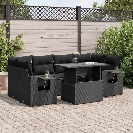 7-delige Loungeset met kussens poly rattan zwart