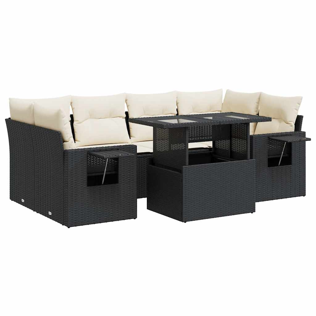 7-delige Loungeset met kussens poly rattan zwart