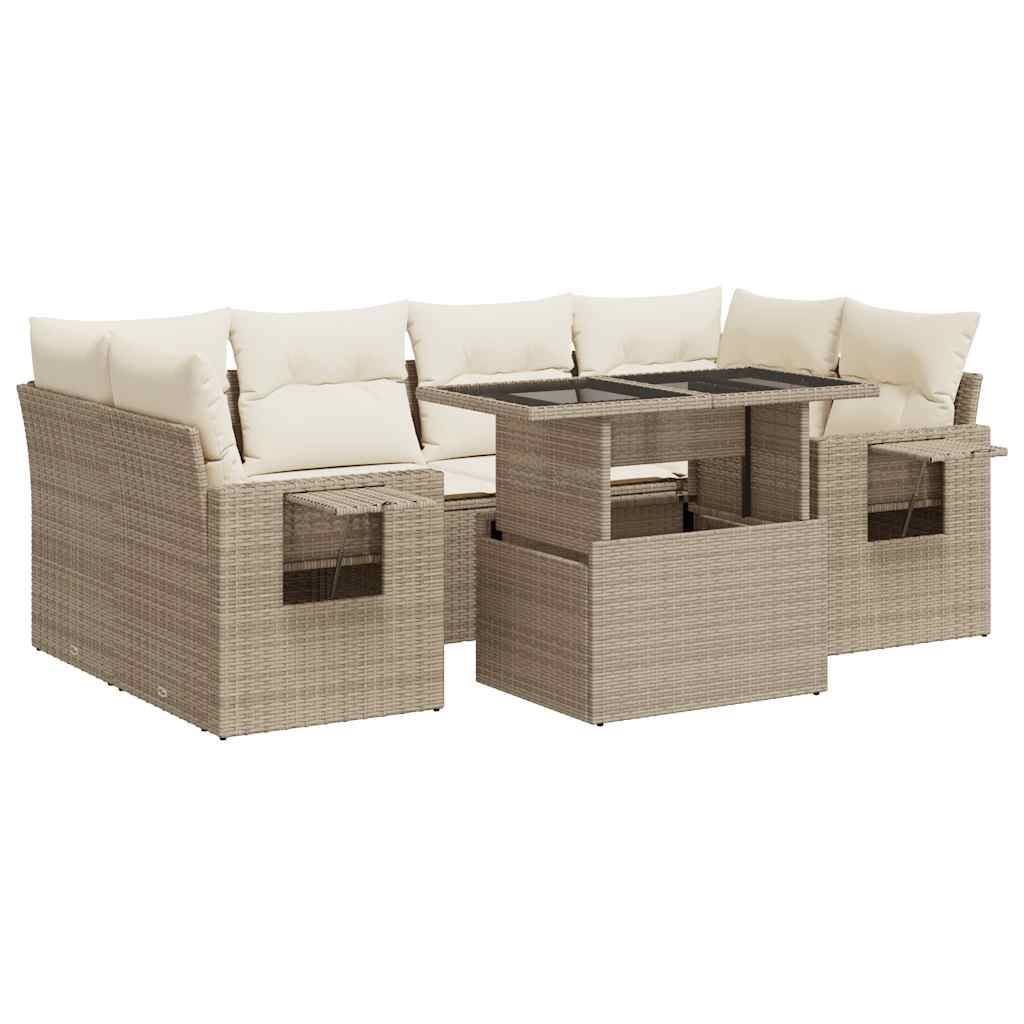 7-delige Loungeset met kussens poly rattan beige