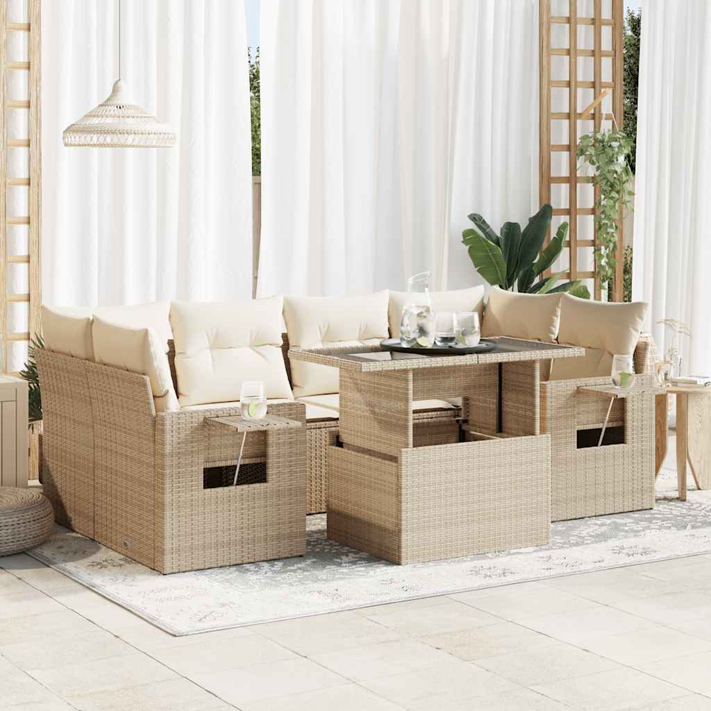 7-delige Loungeset met kussens poly rattan beige