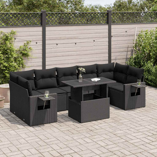 8-delige Loungeset met kussens poly rattan zwart