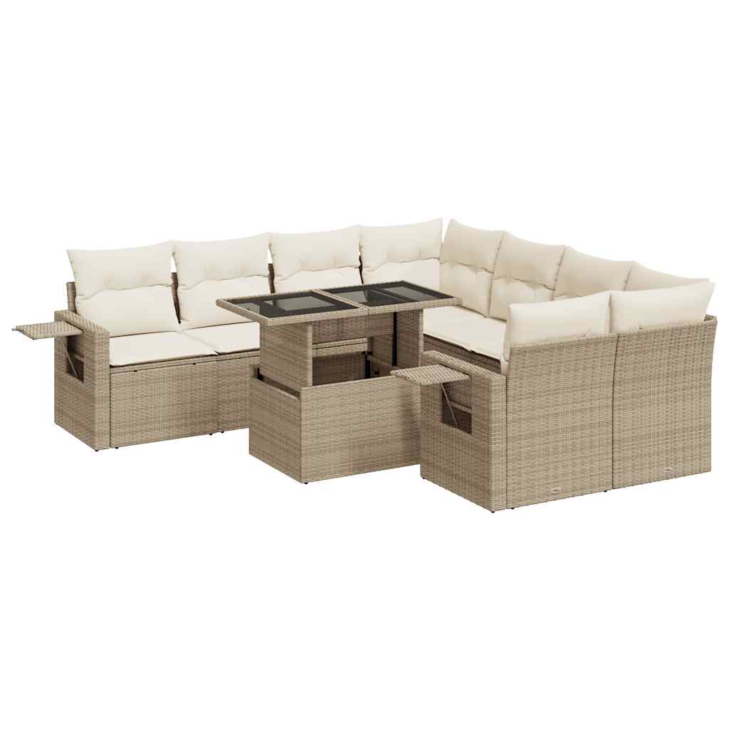 9-delige Loungeset met kussens poly rattan beige