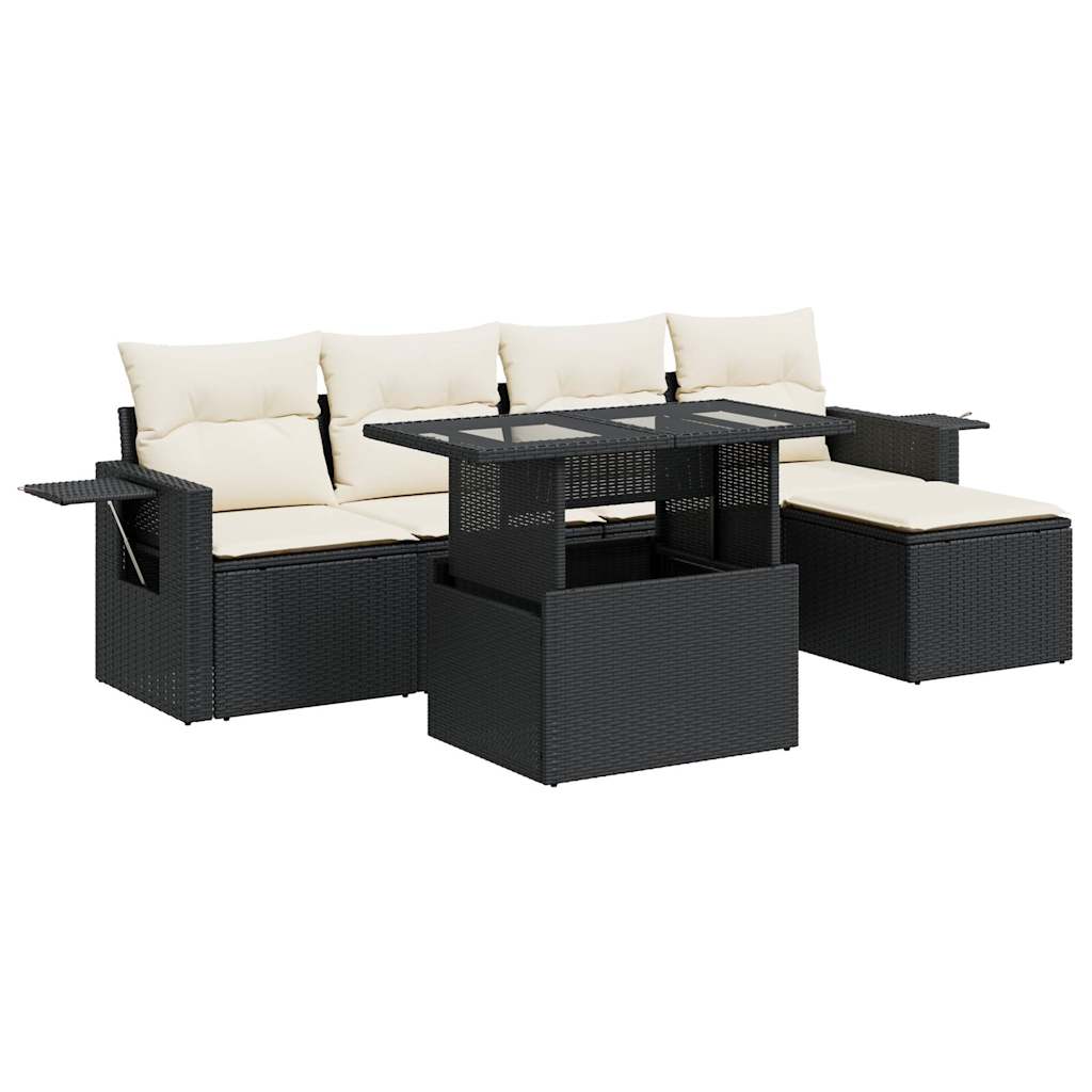 6-delige Loungeset met kussens poly rattan zwart